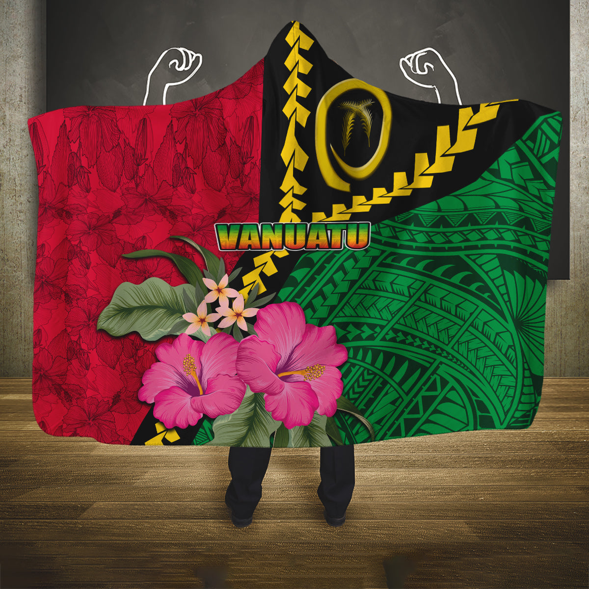 Vanuatu Flag Hibiscus Polynesian Pattern Hooded Blanket