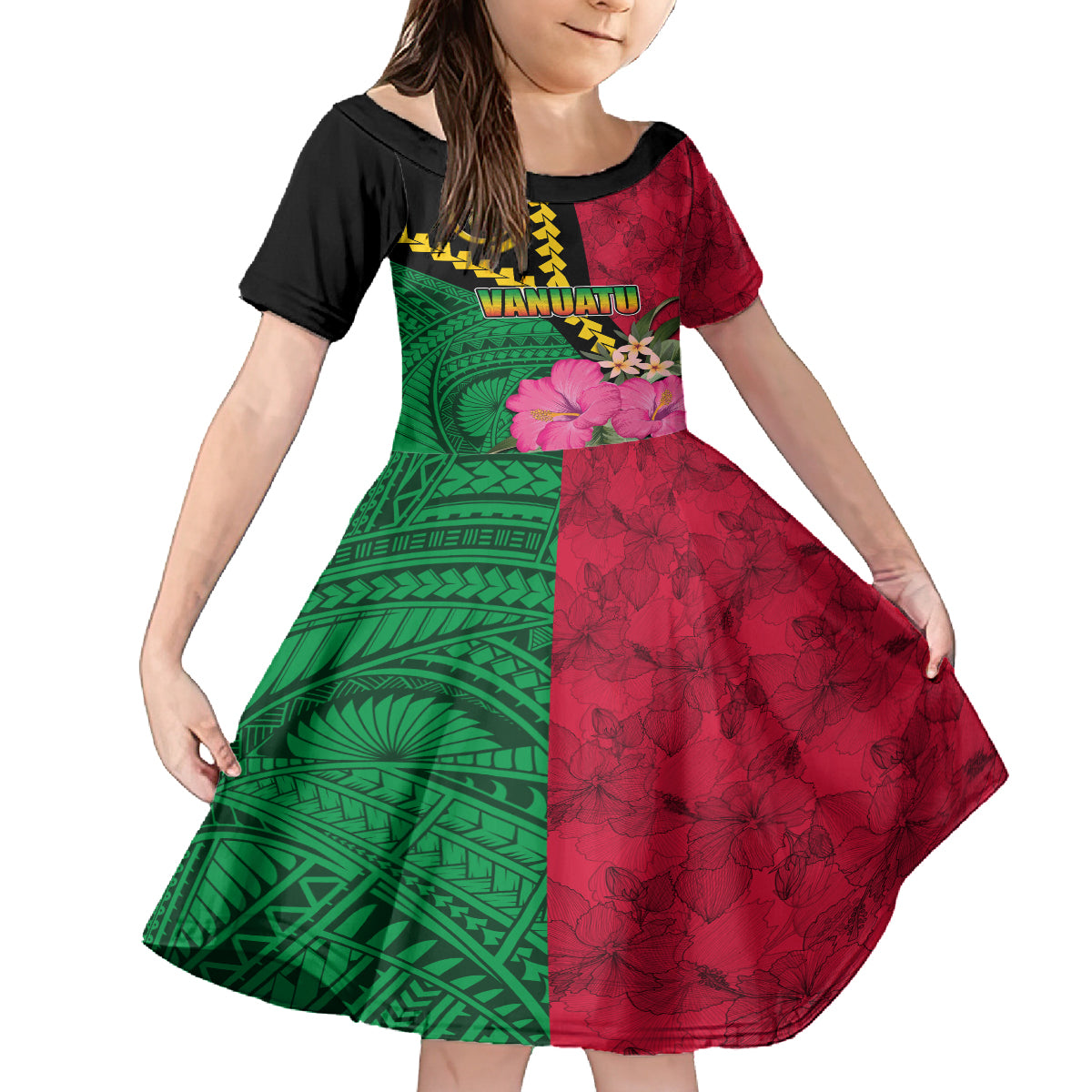 Vanuatu Flag Hibiscus Polynesian Pattern Kid Short Sleeve Dress LT03 KID Black - Polynesian Pride