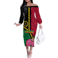 Vanuatu Flag Hibiscus Polynesian Pattern Off The Shoulder Long Sleeve Dress LT03 Women Black - Polynesian Pride