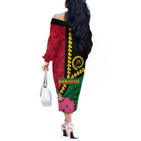Vanuatu Flag Hibiscus Polynesian Pattern Off The Shoulder Long Sleeve Dress LT03 - Polynesian Pride