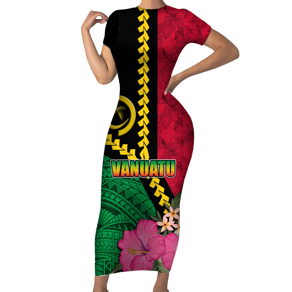 Vanuatu Flag Hibiscus Polynesian Pattern Short Sleeve Bodycon Dress LT03 Long Dress Black - Polynesian Pride