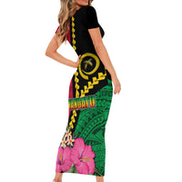 Vanuatu Flag Hibiscus Polynesian Pattern Short Sleeve Bodycon Dress LT03 - Polynesian Pride