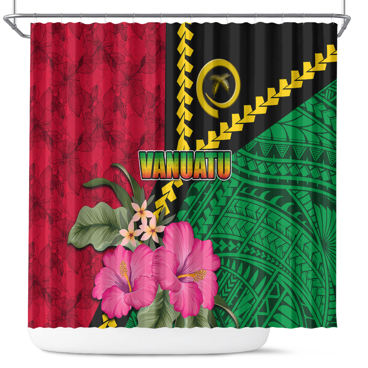 Vanuatu Flag Hibiscus Polynesian Pattern Shower Curtain LT03 Black - Polynesian Pride