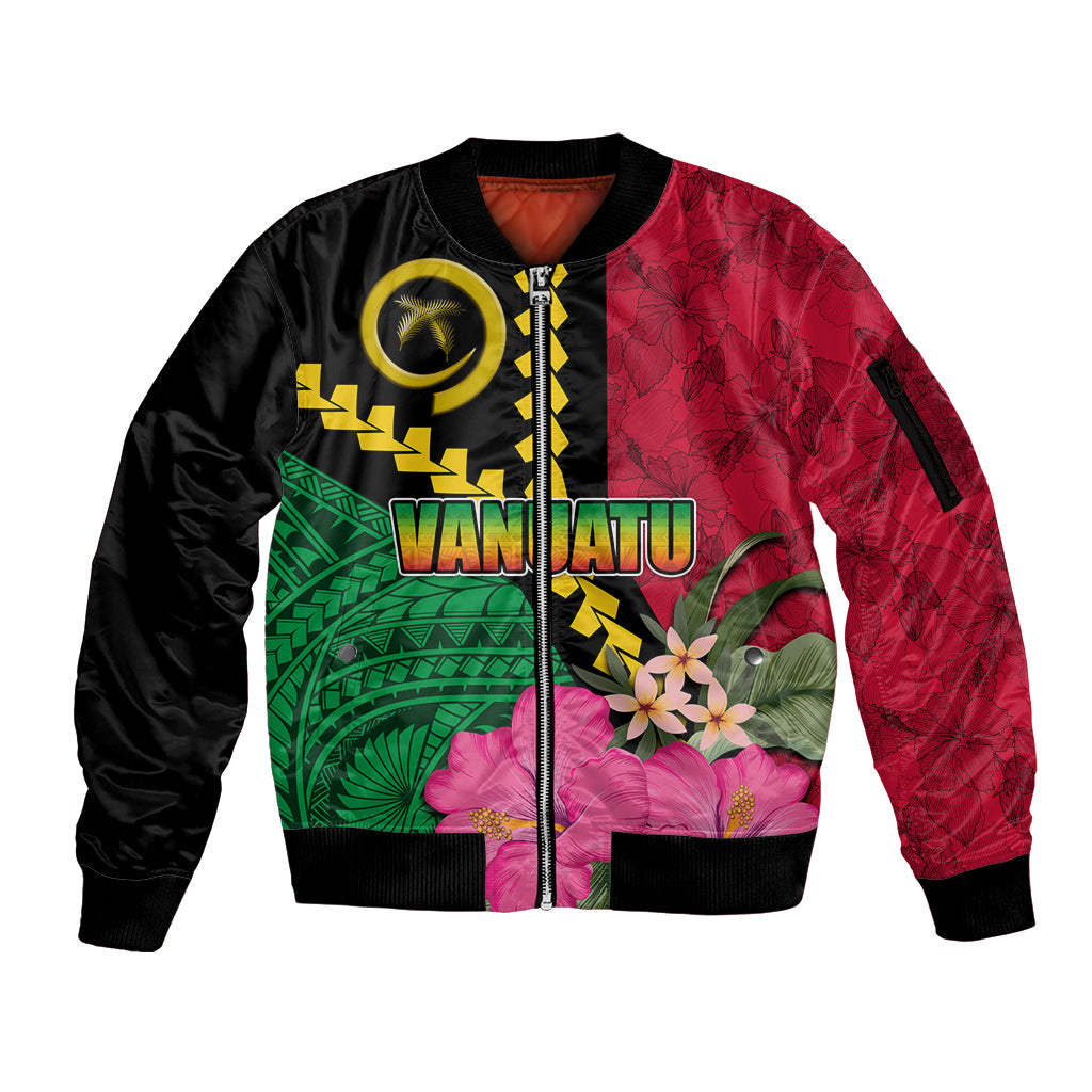Vanuatu Flag Hibiscus Polynesian Pattern Sleeve Zip Bomber Jacket LT03 Unisex Black - Polynesian Pride