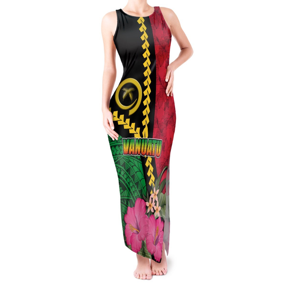Vanuatu Flag Hibiscus Polynesian Pattern Tank Maxi Dress LT03 Women Black - Polynesian Pride