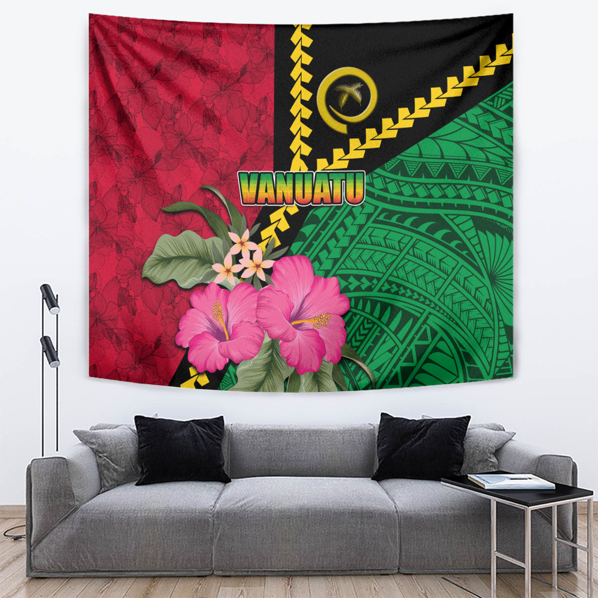 Vanuatu Flag Hibiscus Polynesian Pattern Tapestry LT03 Black - Polynesian Pride