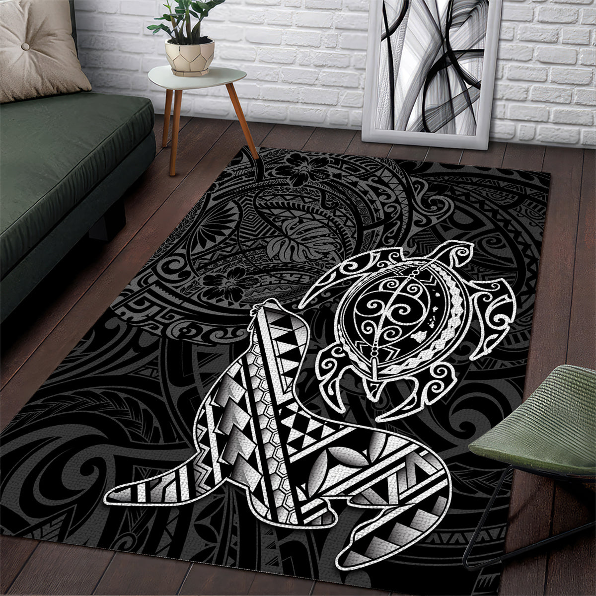 Hawaii Monk Seal and Dolphin Area Rug Polynesian Kakau Pattern Black White Color LT03 Black - Polynesian Pride