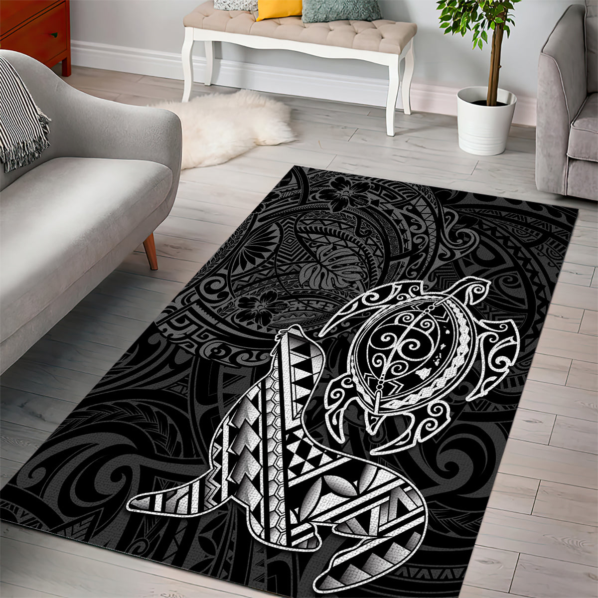 Hawaii Monk Seal and Dolphin Area Rug Polynesian Kakau Pattern Black White Color LT03 - Polynesian Pride