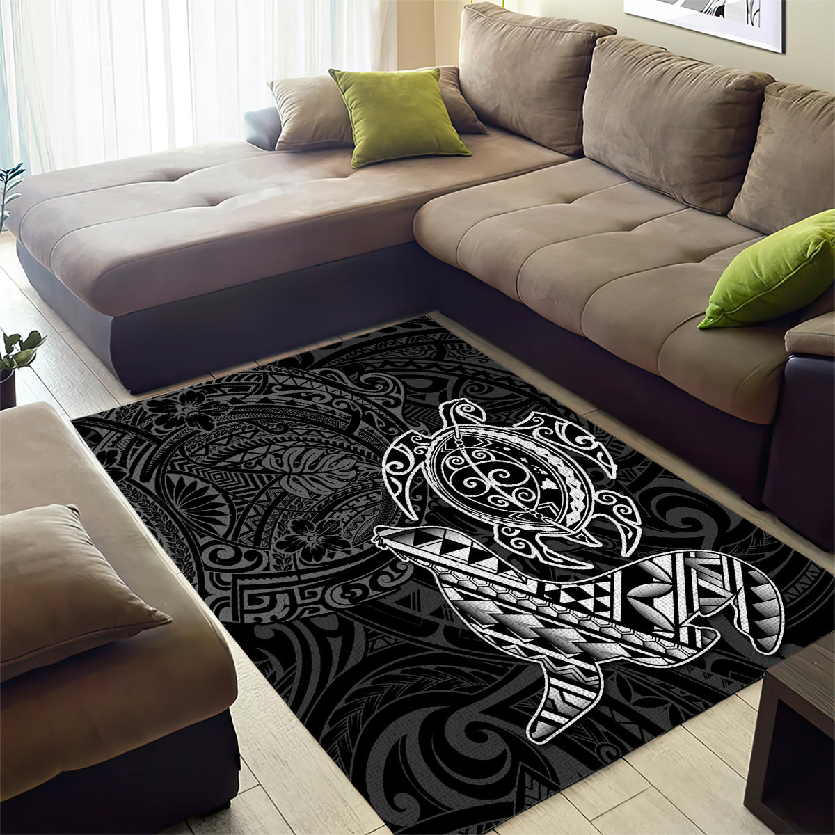 Hawaii Monk Seal and Dolphin Area Rug Polynesian Kakau Pattern Black White Color LT03 - Polynesian Pride