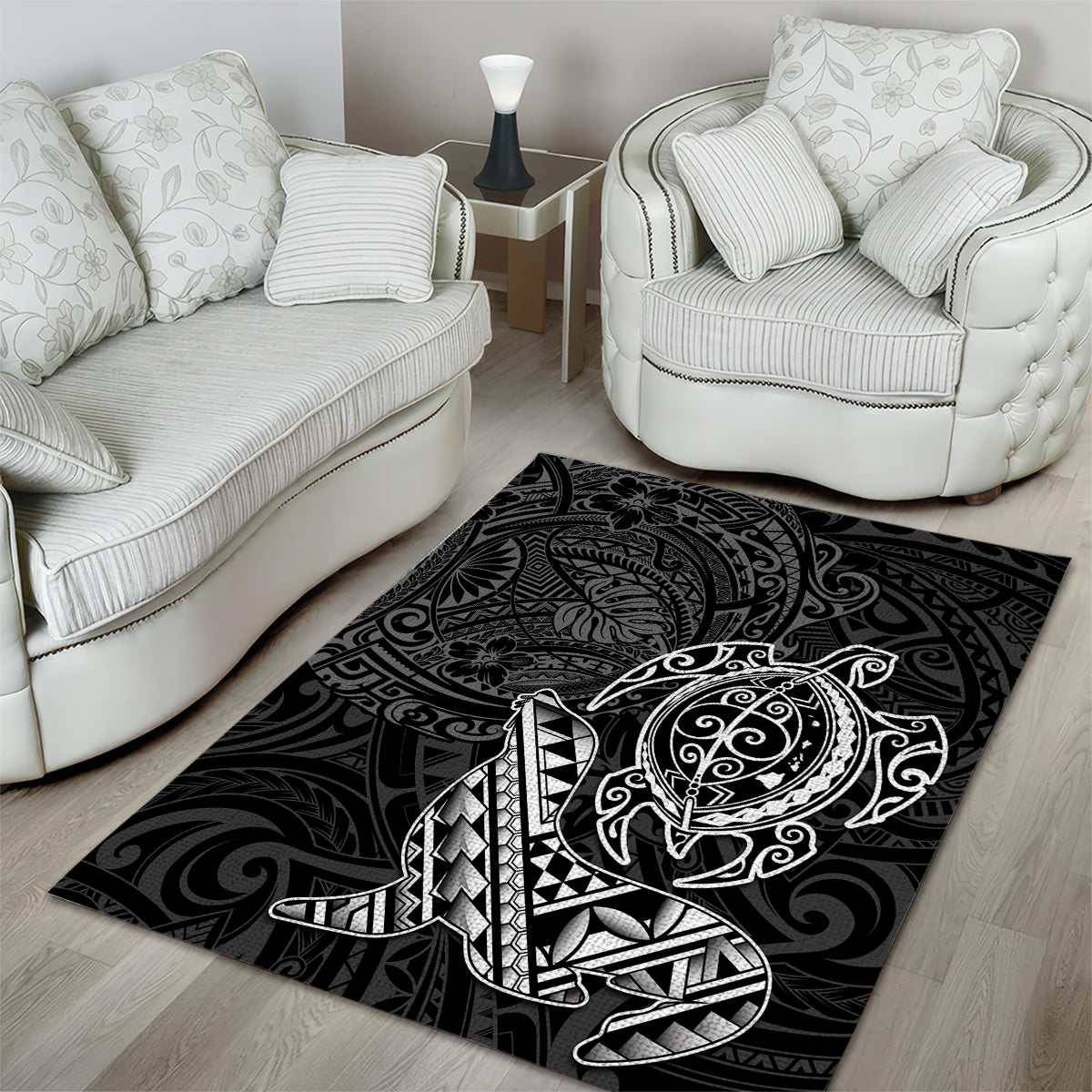 Hawaii Monk Seal and Dolphin Area Rug Polynesian Kakau Pattern Black White Color LT03 - Polynesian Pride
