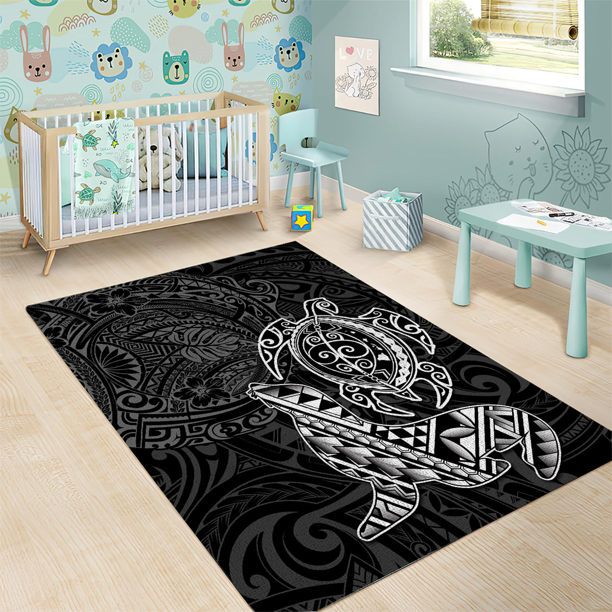 Hawaii Monk Seal and Dolphin Area Rug Polynesian Kakau Pattern Black White Color LT03 - Polynesian Pride