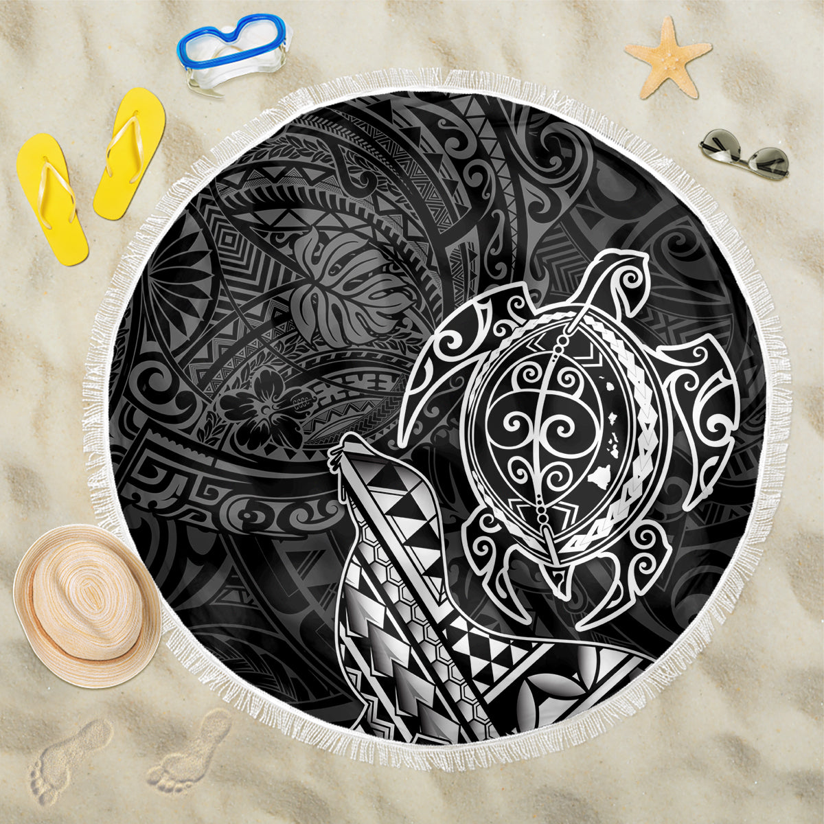 Hawaii Monk Seal and Dolphin Beach Blanket Polynesian Kakau Pattern Black White Color