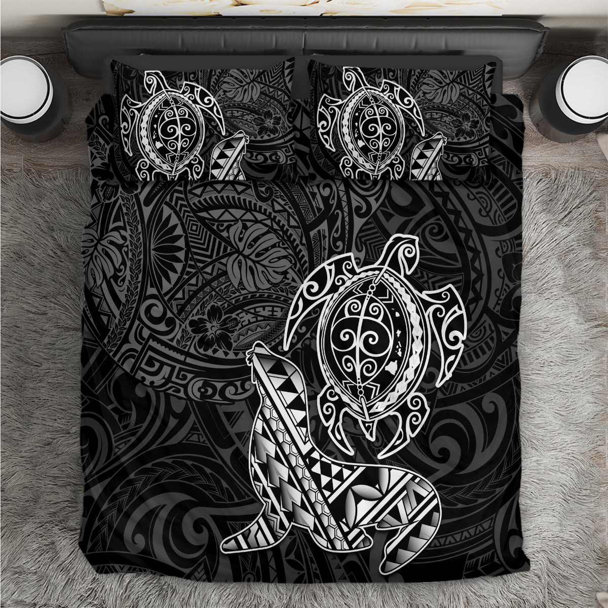 Hawaii Monk Seal and Dolphin Bedding Set Polynesian Kakau Pattern Black White Color LT03 Black - Polynesian Pride
