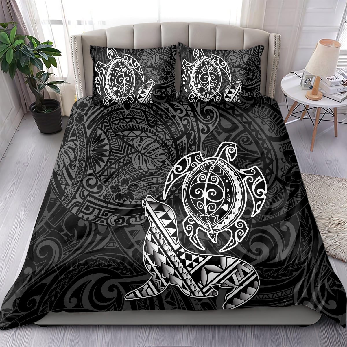 Hawaii Monk Seal and Dolphin Bedding Set Polynesian Kakau Pattern Black White Color LT03 - Polynesian Pride
