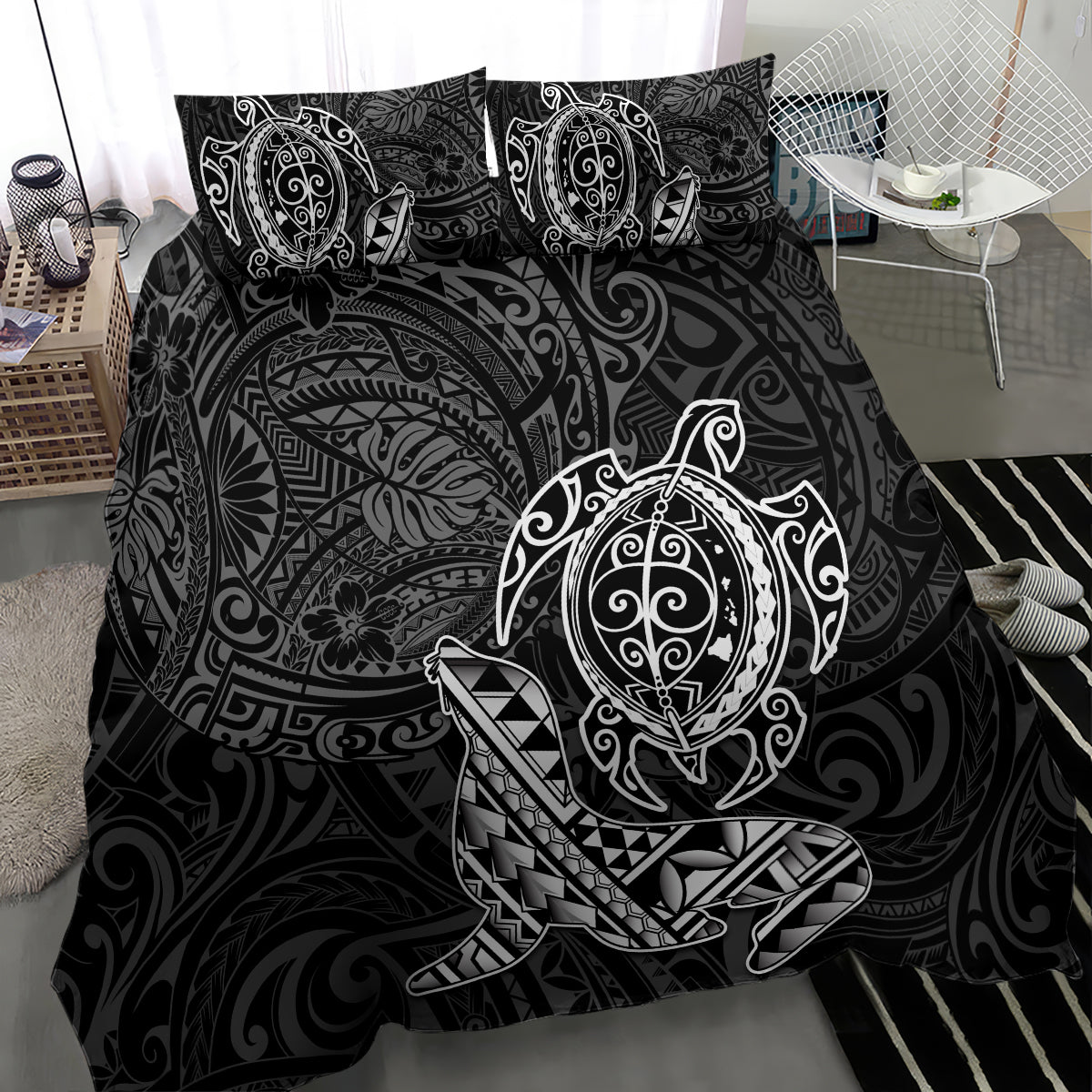 Hawaii Monk Seal and Dolphin Bedding Set Polynesian Kakau Pattern Black White Color LT03 - Polynesian Pride