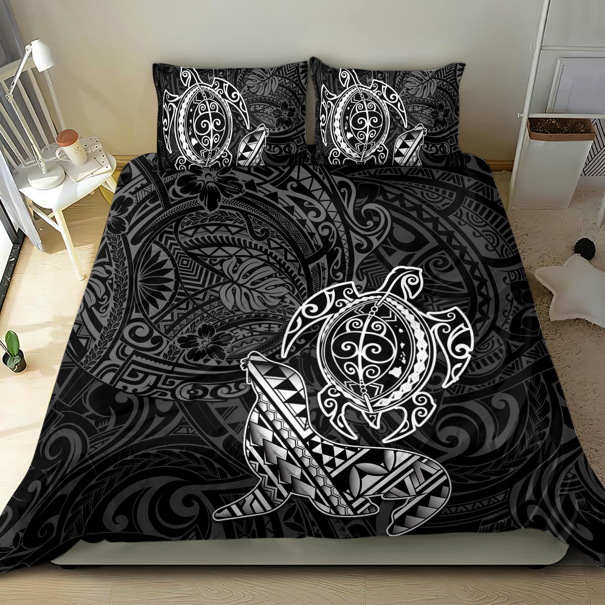 Hawaii Monk Seal and Dolphin Bedding Set Polynesian Kakau Pattern Black White Color LT03 - Polynesian Pride