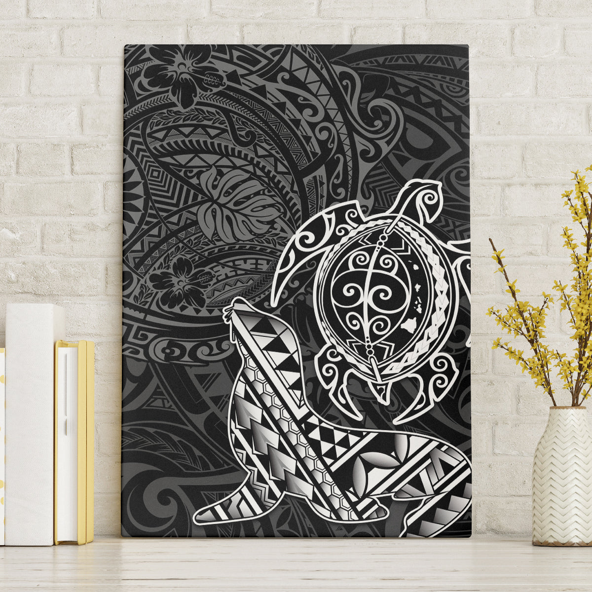 Hawaii Monk Seal and Dolphin Canvas Wall Art Polynesian Kakau Pattern Black White Color LT03 Without Frame Black - Polynesian Pride