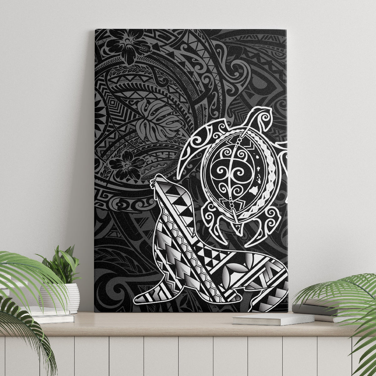 Hawaii Monk Seal and Dolphin Canvas Wall Art Polynesian Kakau Pattern Black White Color LT03 - Polynesian Pride