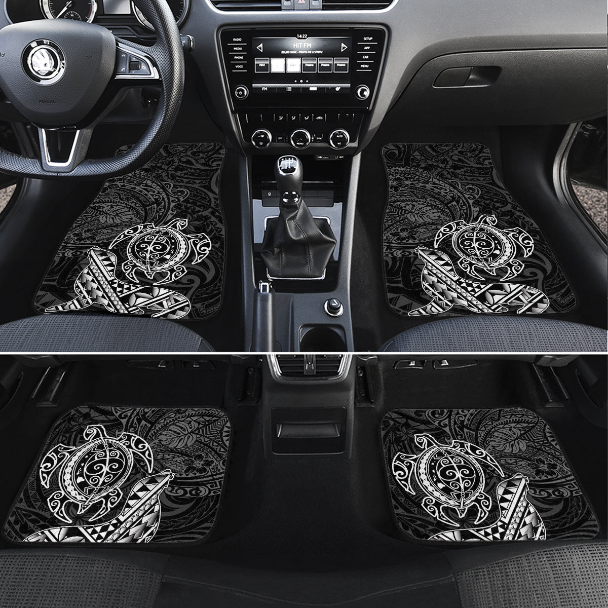 Hawaii Monk Seal and Dolphin Car Mats Polynesian Kakau Pattern Black White Color LT03 Set 4pcs Black - Polynesian Pride