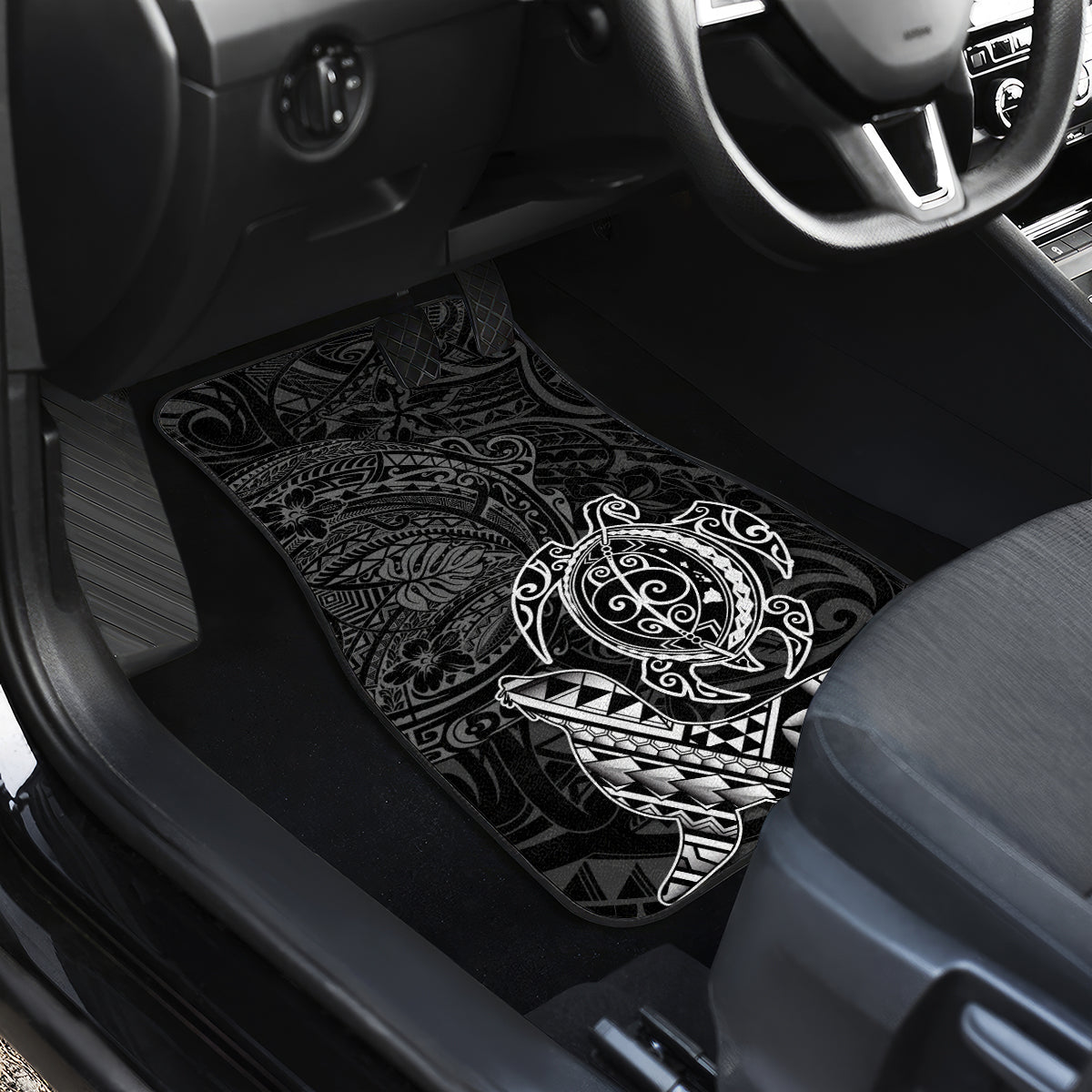 Hawaii Monk Seal and Dolphin Car Mats Polynesian Kakau Pattern Black White Color LT03 - Polynesian Pride
