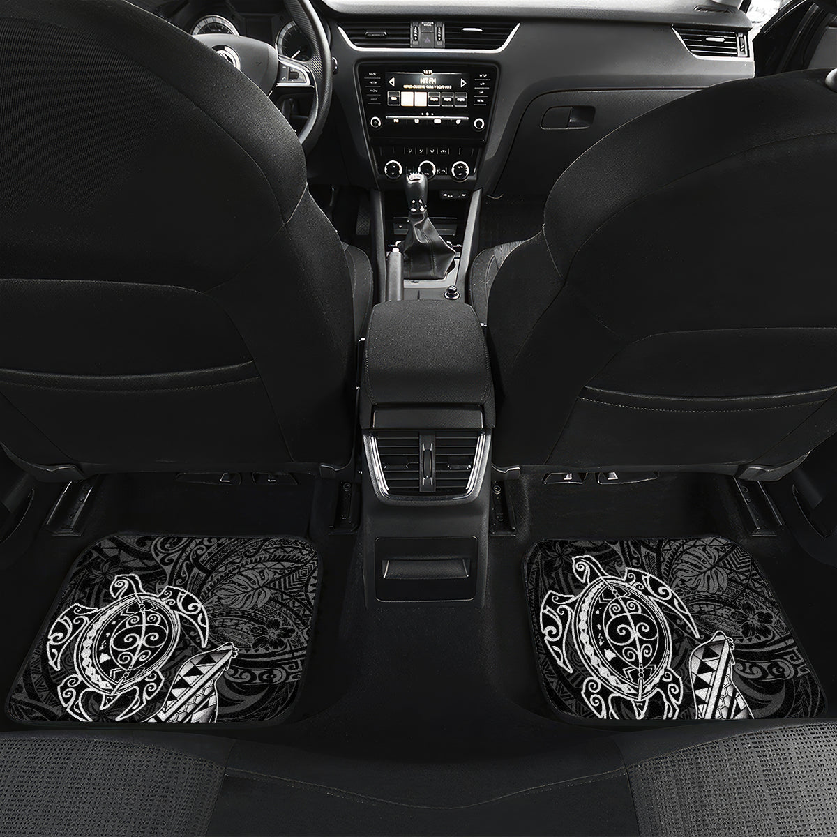 Hawaii Monk Seal and Dolphin Car Mats Polynesian Kakau Pattern Black White Color LT03 Set 2pcs - Back Black - Polynesian Pride