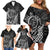 Hawaii Monk Seal and Dolphin Family Matching Off Shoulder Short Dress and Hawaiian Shirt Polynesian Kakau Pattern Black White Color