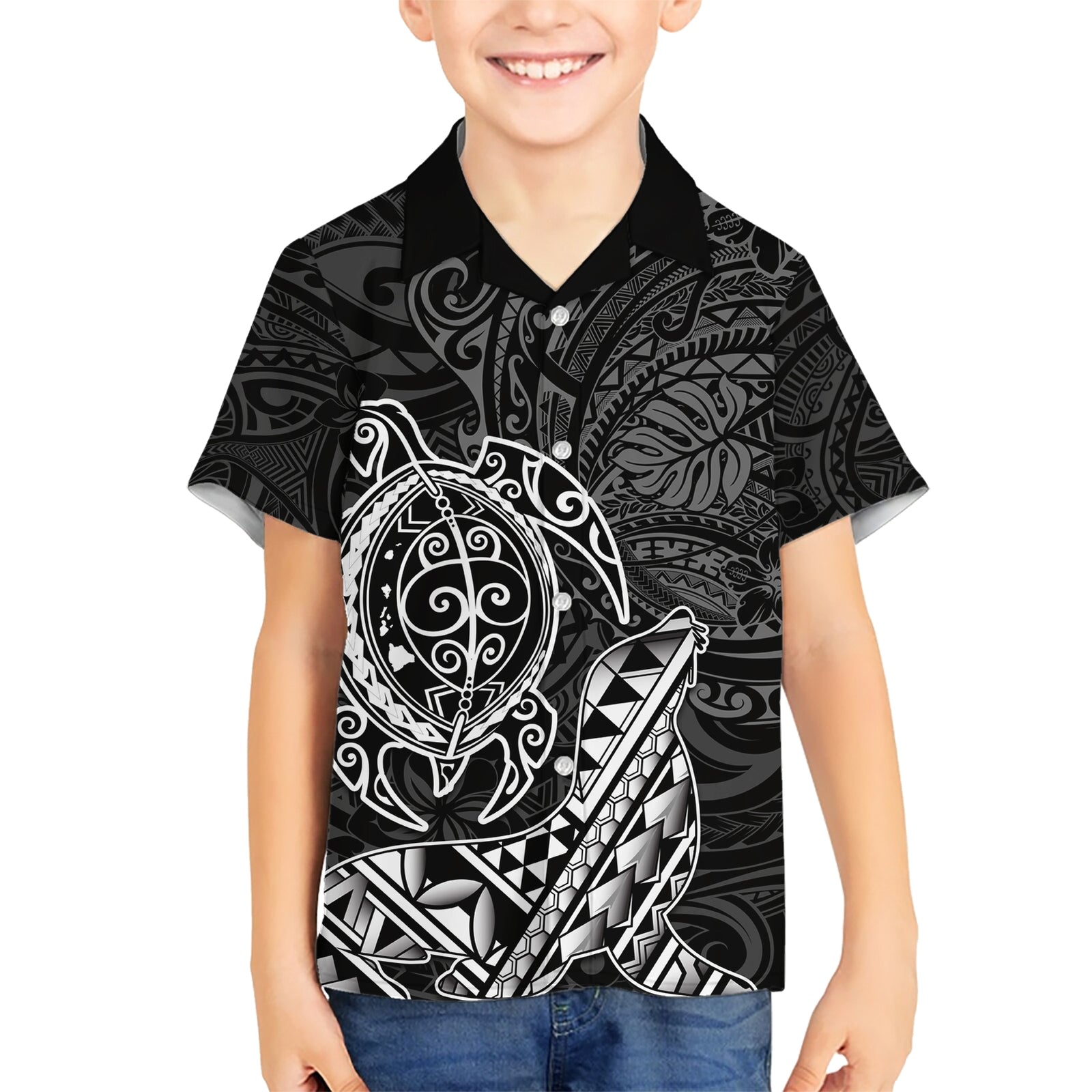 Hawaii Monk Seal and Dolphin Kid Hawaiian Shirt Polynesian Kakau Pattern Black White Color LT03 Kid Black - Polynesian Pride