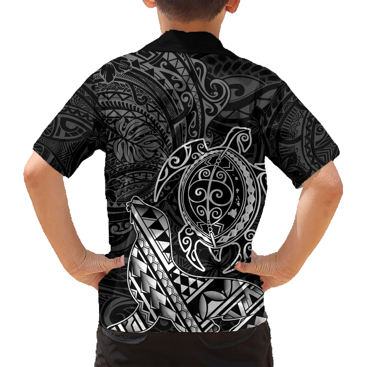 Hawaii Monk Seal and Dolphin Kid Hawaiian Shirt Polynesian Kakau Pattern Black White Color LT03 - Polynesian Pride