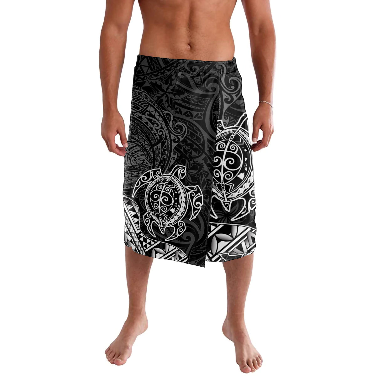 Hawaii Monk Seal and Dolphin Lavalava Polynesian Kakau Pattern Black White Color LT03 Black - Polynesian Pride
