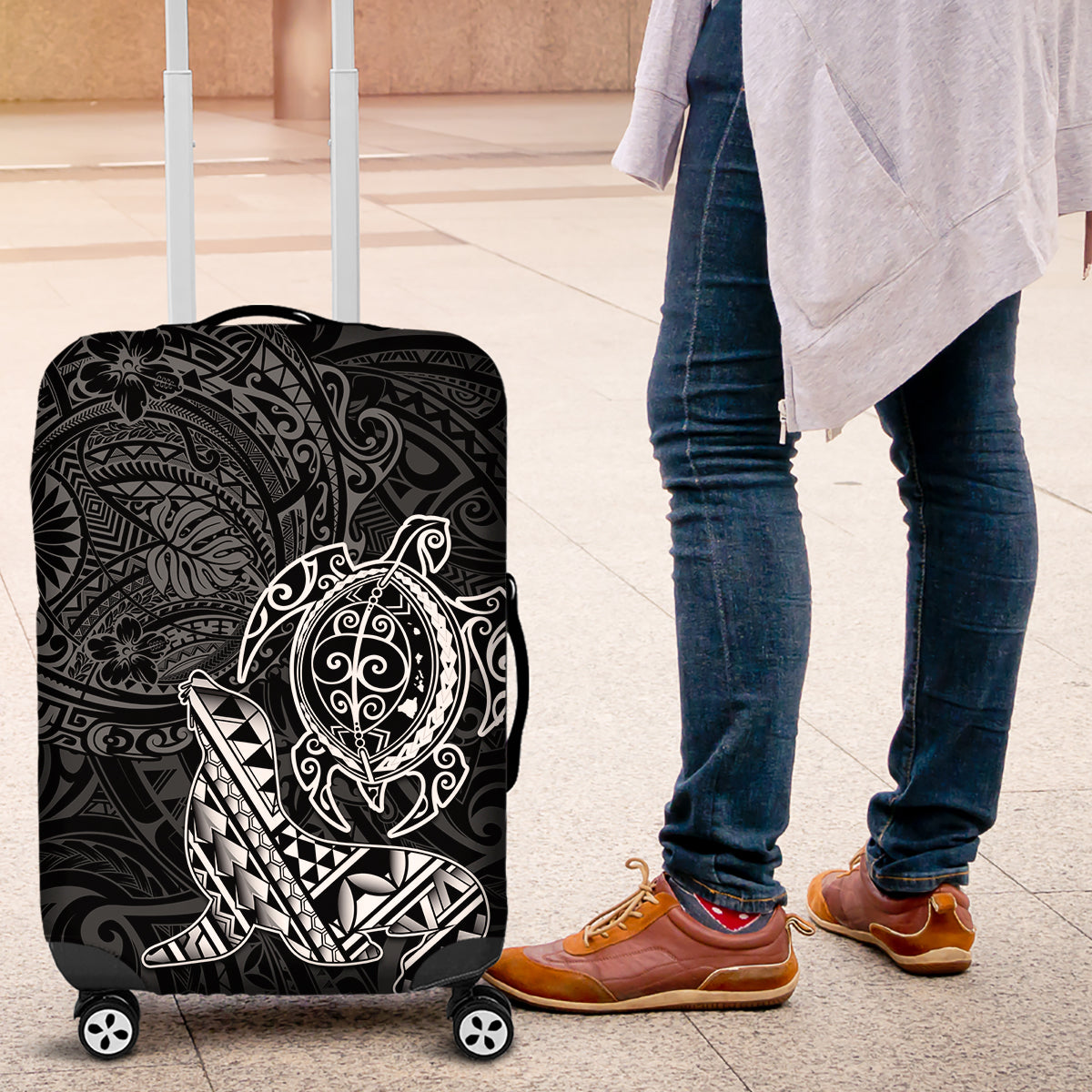 Hawaii Monk Seal and Dolphin Luggage Cover Polynesian Kakau Pattern Black White Color LT03 Black - Polynesian Pride