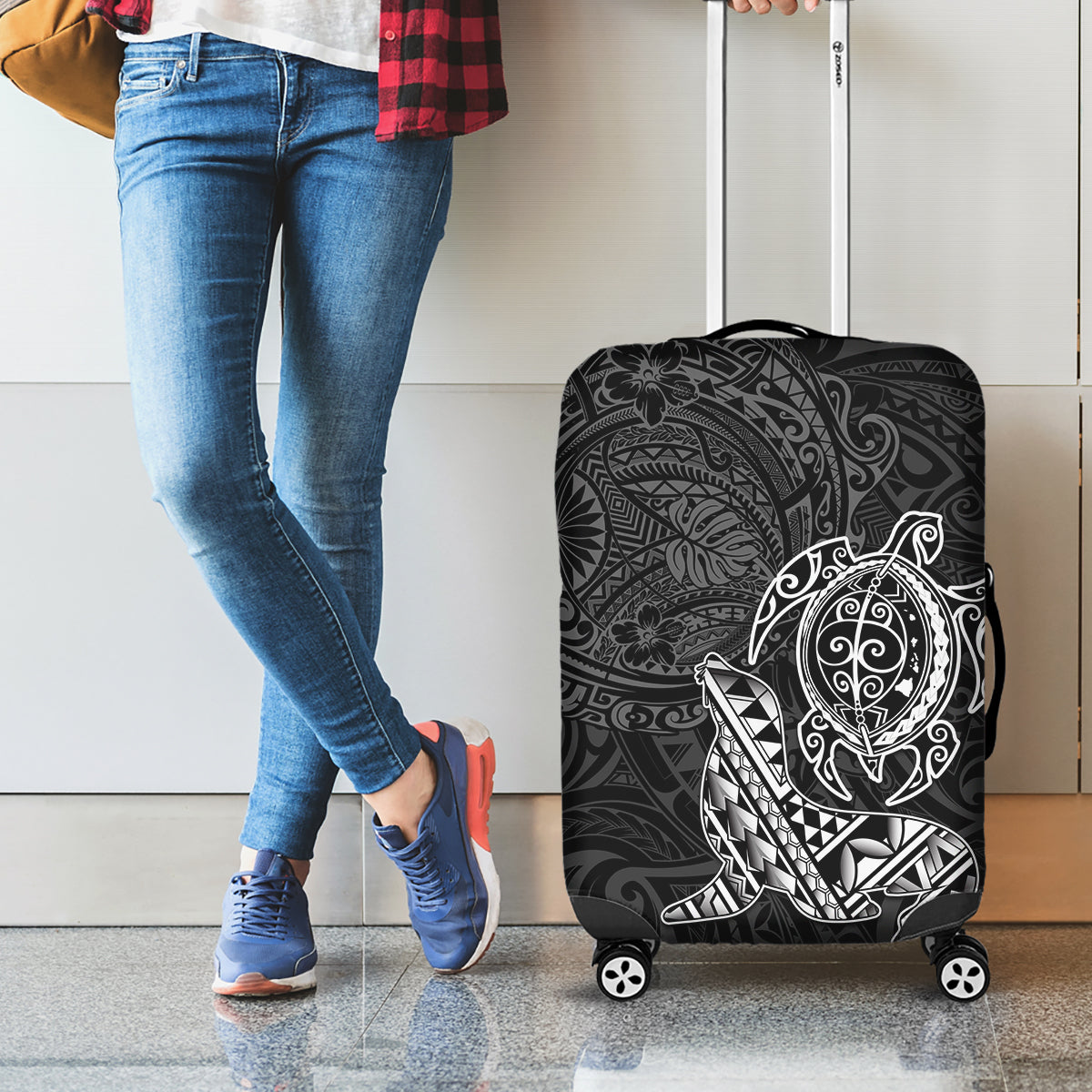 Hawaii Monk Seal and Dolphin Luggage Cover Polynesian Kakau Pattern Black White Color LT03 - Polynesian Pride