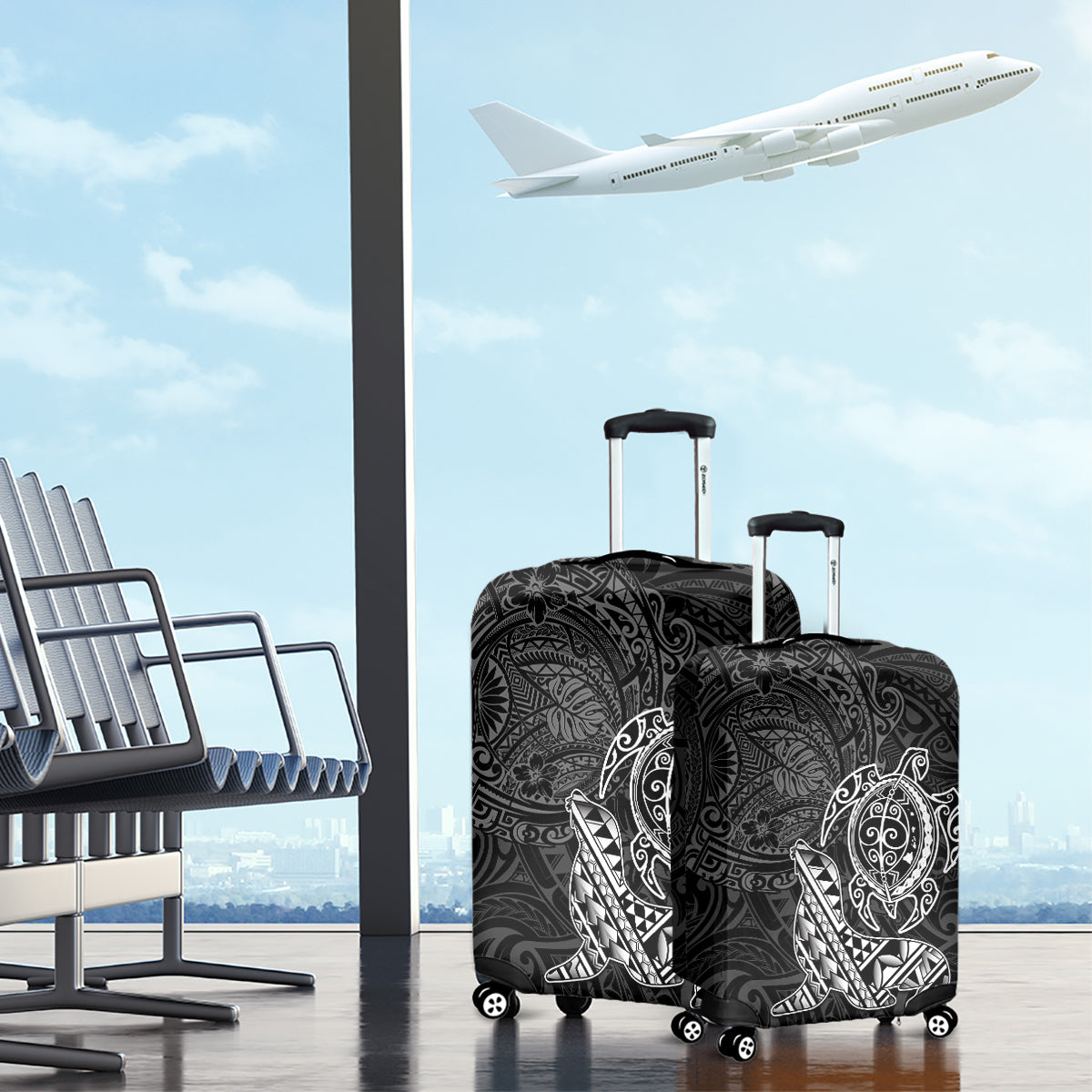 Hawaii Monk Seal and Dolphin Luggage Cover Polynesian Kakau Pattern Black White Color LT03 - Polynesian Pride