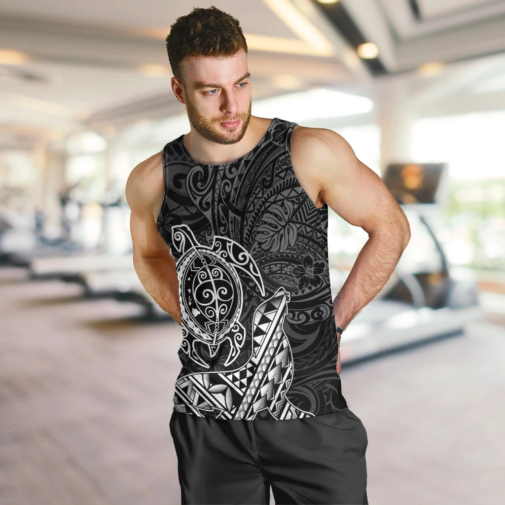 Hawaii Monk Seal and Dolphin Men Tank Top Polynesian Kakau Pattern Black White Color LT03 Black - Polynesian Pride