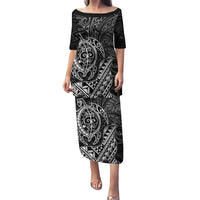 Hawaii Monk Seal and Dolphin Puletasi Polynesian Kakau Pattern Black White Color LT03 Long Dress Black - Polynesian Pride