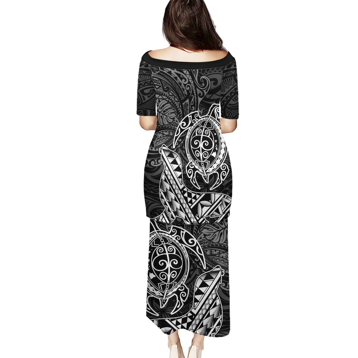 Hawaii Monk Seal and Dolphin Puletasi Polynesian Kakau Pattern Black White Color LT03 - Polynesian Pride