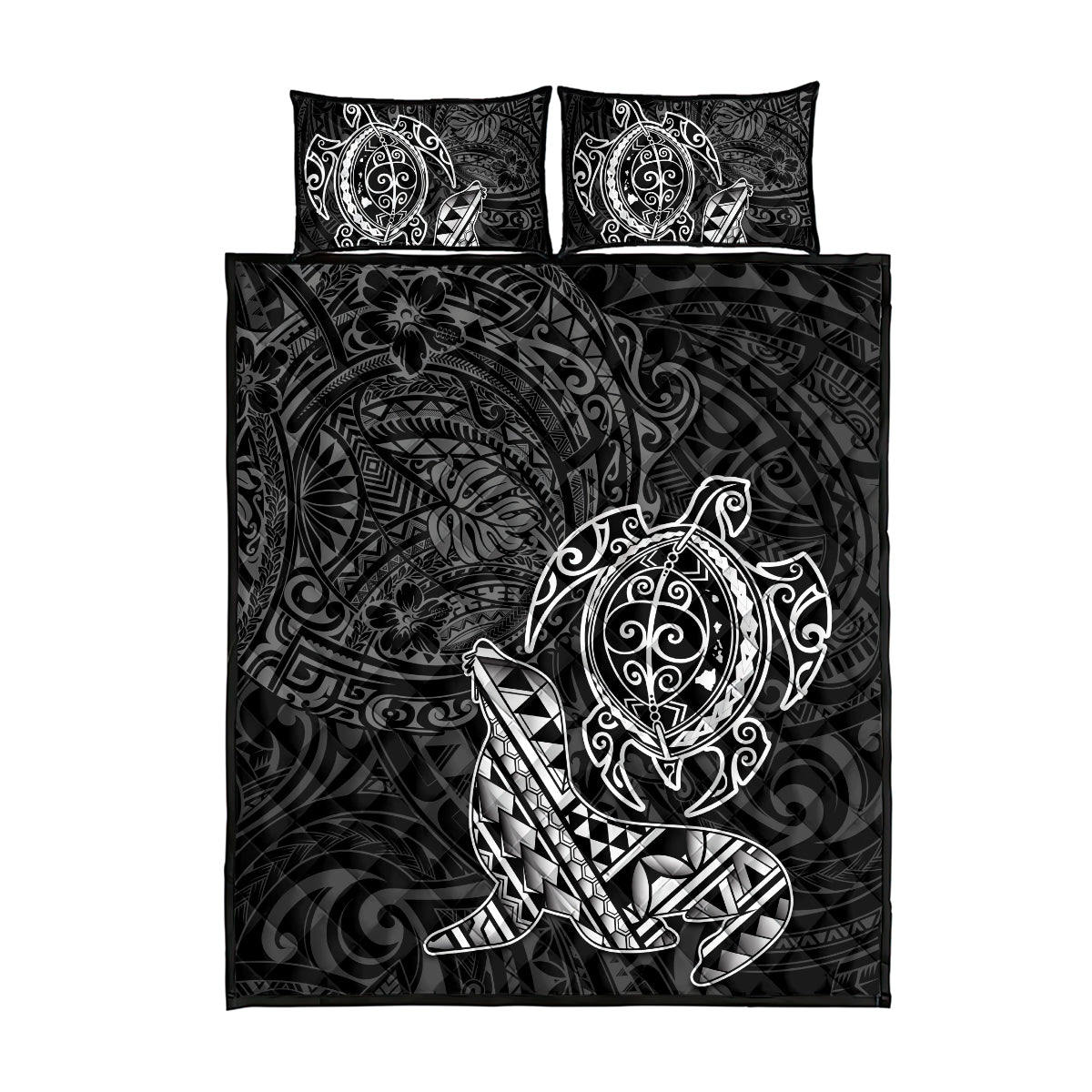 Hawaii Monk Seal and Dolphin Quilt Bed Set Polynesian Kakau Pattern Black White Color LT03 - Polynesian Pride