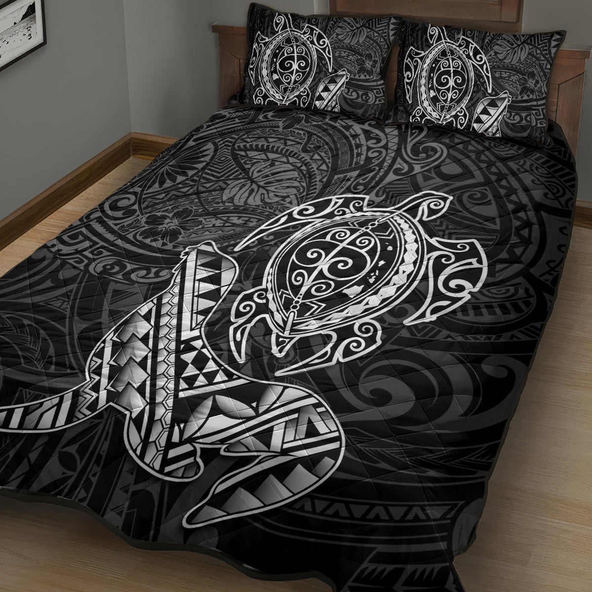 Hawaii Monk Seal and Dolphin Quilt Bed Set Polynesian Kakau Pattern Black White Color LT03 - Polynesian Pride