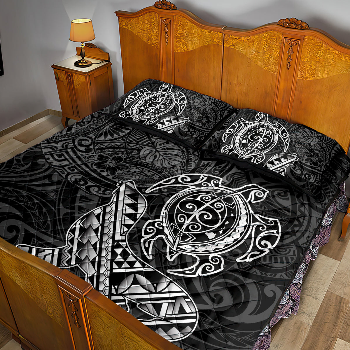 Hawaii Monk Seal and Dolphin Quilt Bed Set Polynesian Kakau Pattern Black White Color LT03 - Polynesian Pride