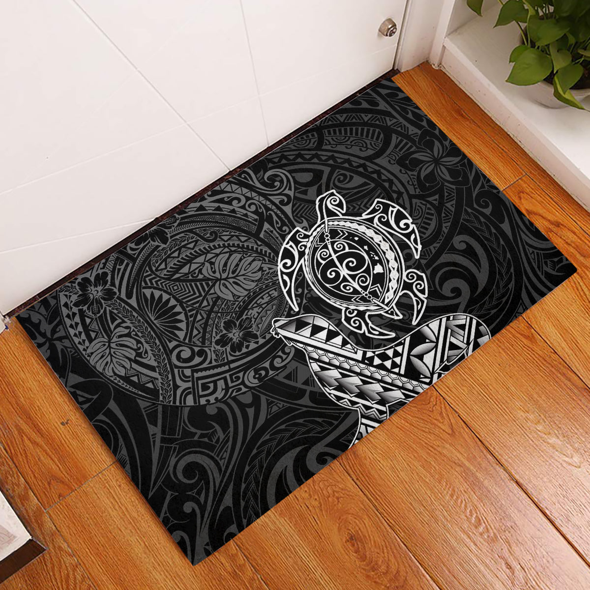 Hawaii Monk Seal and Dolphin Rubber Doormat Polynesian Kakau Pattern Black White Color LT03 Black - Polynesian Pride