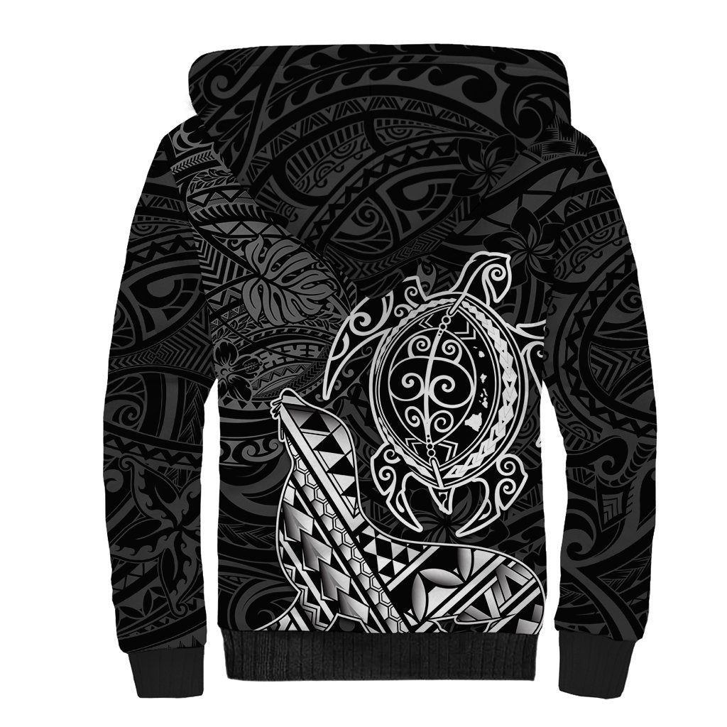 Hawaii Monk Seal and Dolphin Sherpa Hoodie Polynesian Kakau Pattern Black White Color LT03 - Polynesian Pride