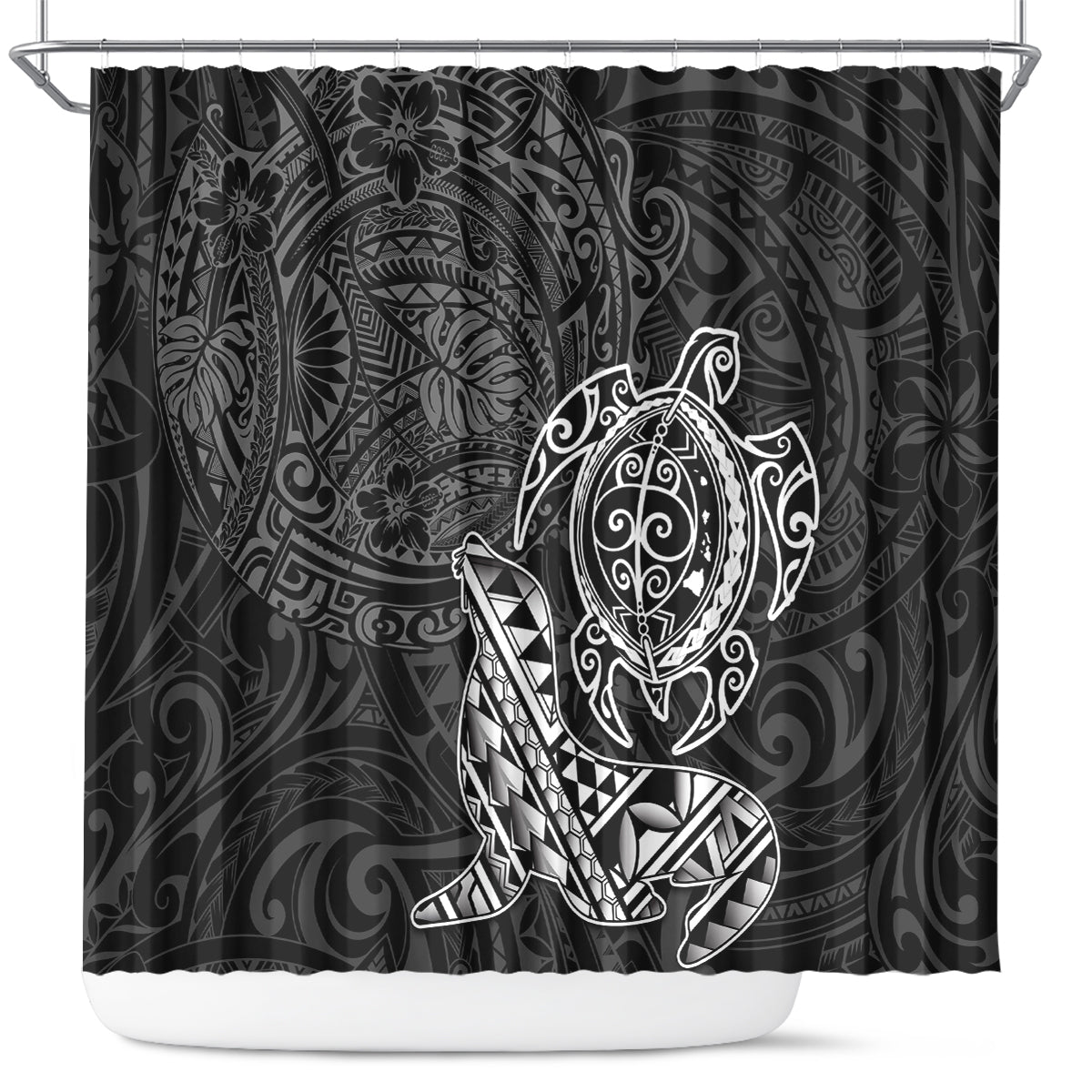 Hawaii Monk Seal and Dolphin Shower Curtain Polynesian Kakau Pattern Black White Color