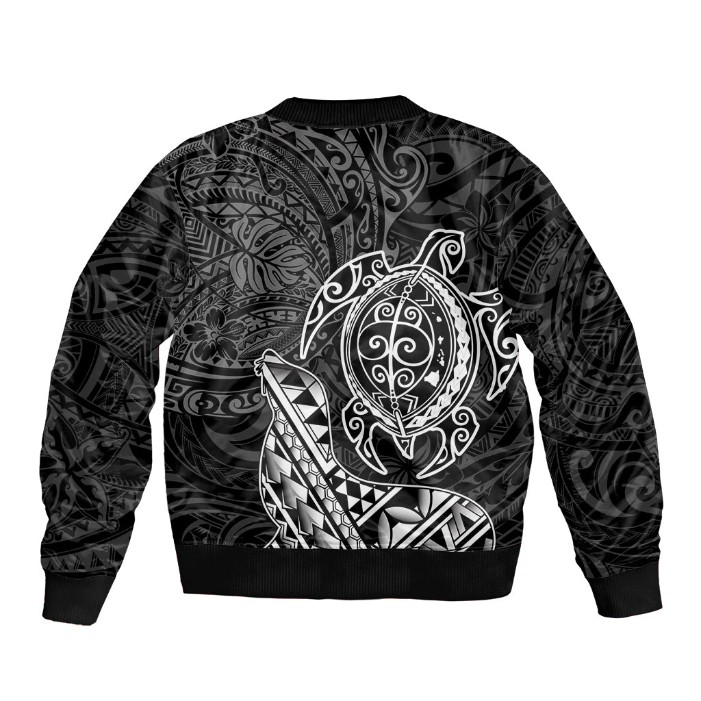 Hawaii Monk Seal and Dolphin Sleeve Zip Bomber Jacket Polynesian Kakau Pattern Black White Color LT03 - Polynesian Pride
