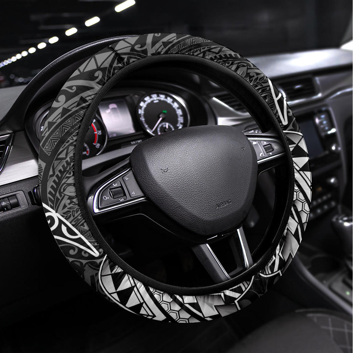 Hawaii Monk Seal and Dolphin Steering Wheel Cover Polynesian Kakau Pattern Black White Color LT03 Universal Fit Black - Polynesian Pride