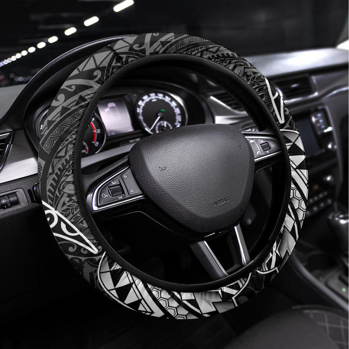 Hawaii Monk Seal and Dolphin Steering Wheel Cover Polynesian Kakau Pattern Black White Color