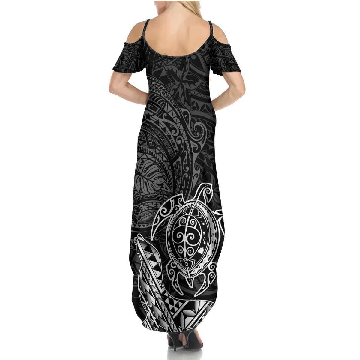 Hawaii Monk Seal and Dolphin Summer Maxi Dress Polynesian Kakau Pattern Black White Color LT03 - Polynesian Pride