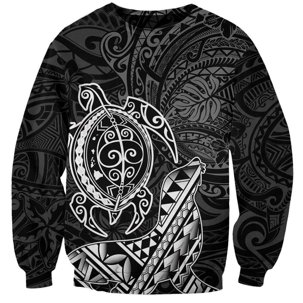 Hawaii Monk Seal and Dolphin Sweatshirt Polynesian Kakau Pattern Black White Color LT03 Unisex Black - Polynesian Pride