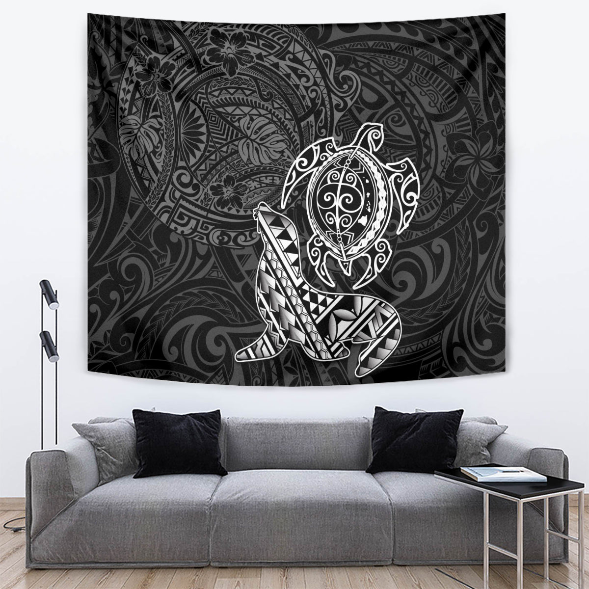 Hawaii Monk Seal and Dolphin Tapestry Polynesian Kakau Pattern Black White Color LT03 Black - Polynesian Pride