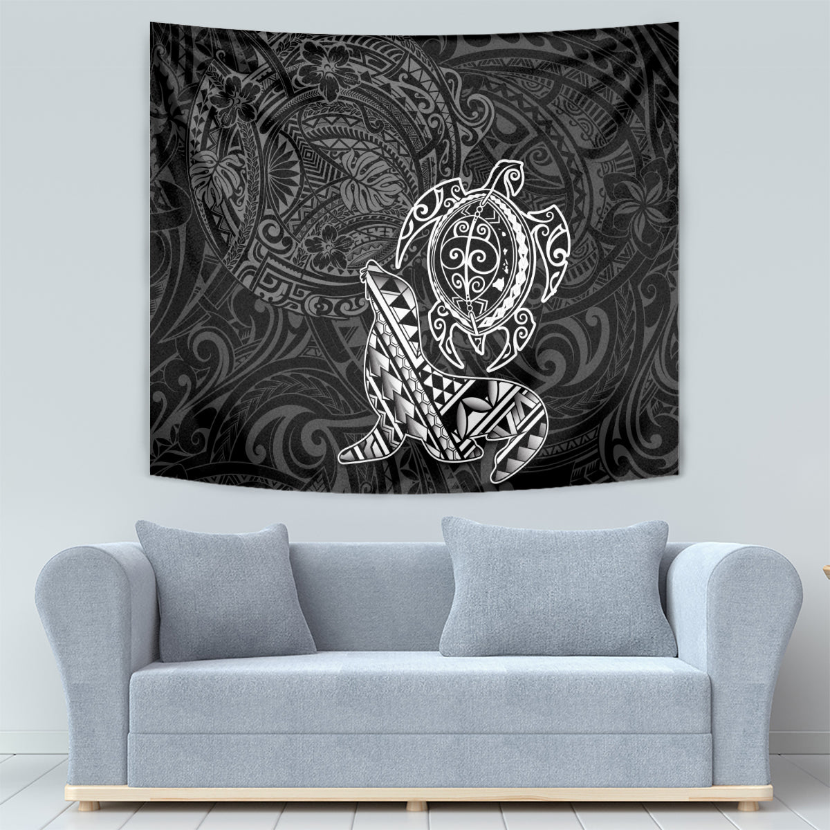 Hawaii Monk Seal and Dolphin Tapestry Polynesian Kakau Pattern Black White Color LT03 - Polynesian Pride