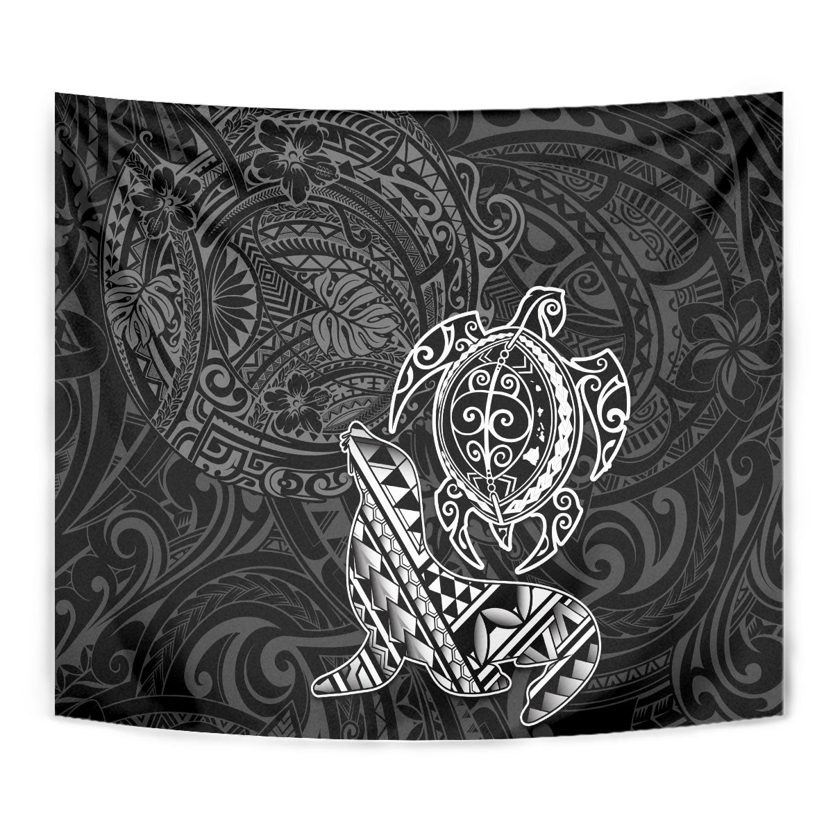 Hawaii Monk Seal and Dolphin Tapestry Polynesian Kakau Pattern Black White Color LT03 - Polynesian Pride