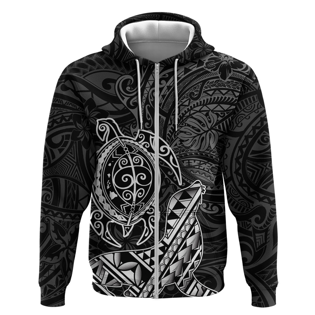 Hawaii Monk Seal and Dolphin Zip Hoodie Polynesian Kakau Pattern Black White Color LT03 Zip Hoodie Black - Polynesian Pride